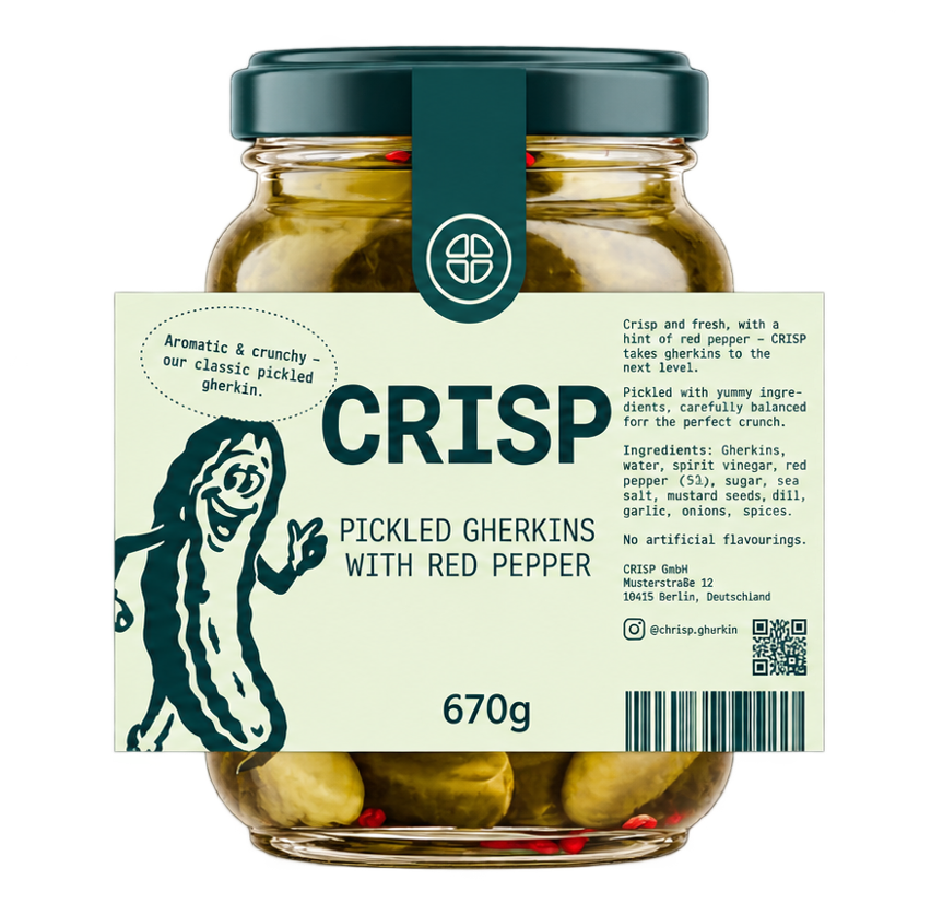 Jar of pickled gherkins with a label and QR code – the packaging consists of glass, a screw cap and a label from different manufacturers.