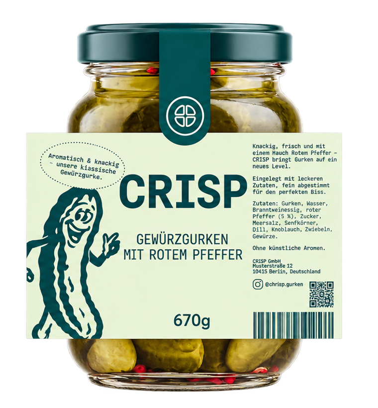 Gewürzgurkenglas mit Etikett und QR-Code – die Verpackung besteht aus Glas, Schraubdeckel und Etikett von unterschiedlichen Herstellern.