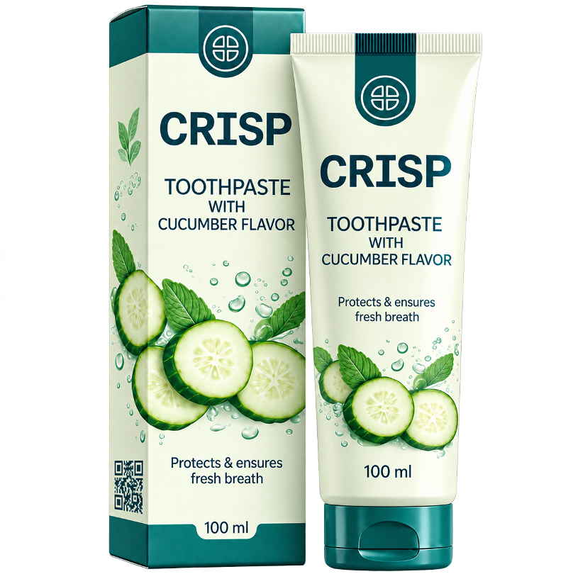 Toothpaste tube with its carton and a QR code – tube, cap and folding box as individual packaging components.